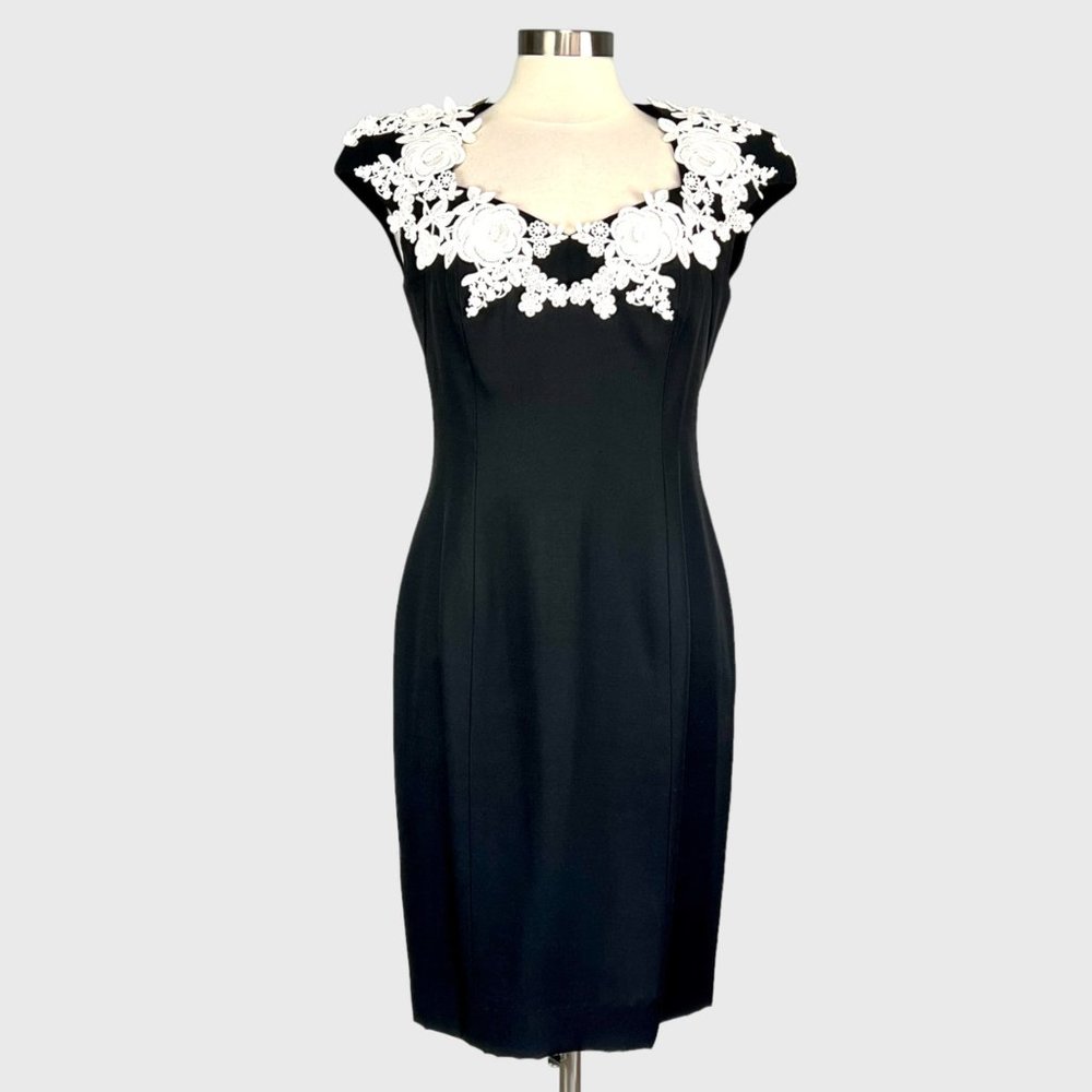 Vintage En Francais Huey Waltzer Black White Lace Trim Sheath Dress size 10